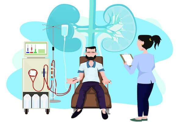 Cartoon sketch of man using dialysis machine with female doctors supervising