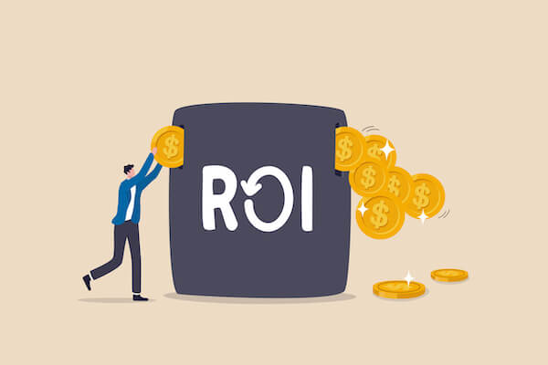 Illustration of man putting coins into machine with "ROI" written on it